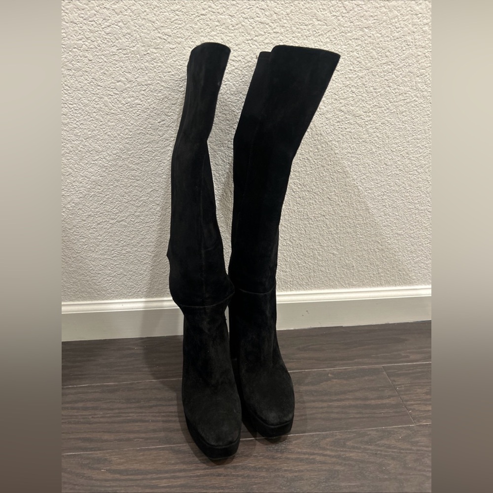 Stuart Weitzman Party 38/ US 8 Knee High Boots Black Suede $895 Platform